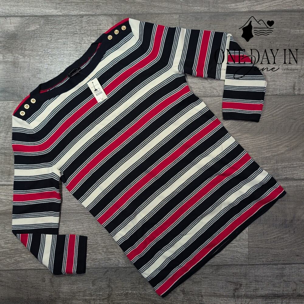 Talbots Striped Knit Sweater Navy Pink Ivory Gold Shoulder Buttons Size XS